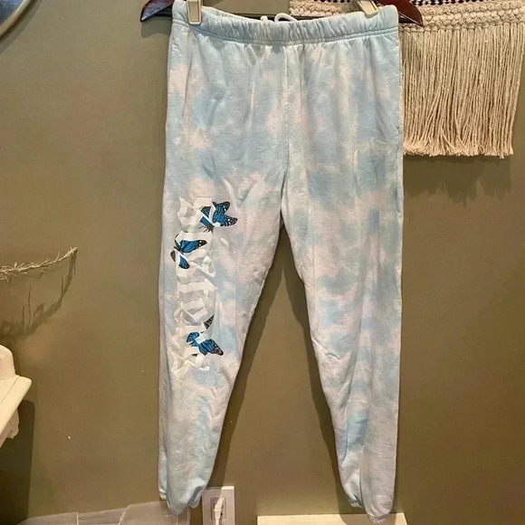 SISTERS BY SAFETY PIN BLUE TIE DYE BUTTERFLY SWEATPANTS JOGGERS SIZE SMALL - Picture 1 of 4